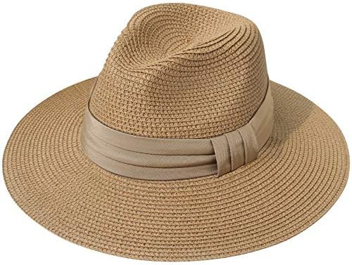 Lanzom Women Wide Brim Straw Panama Roll up Hat Fedora Beach Sun Hat UPF50+ | Amazon (US)