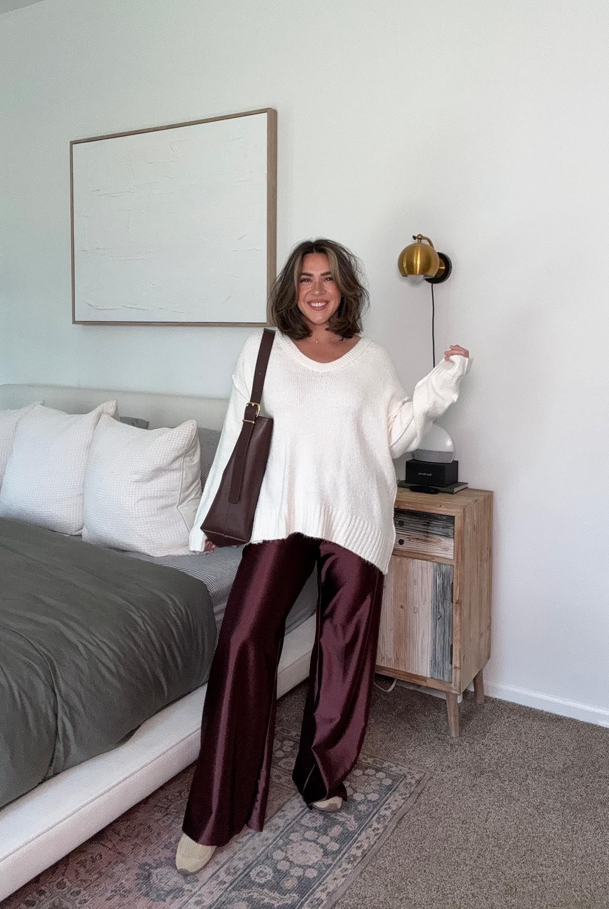 The cutest on trend fall/winter outfit. I didn't know how I'd feel about the satin pants but I love. Size L in all - I’d say it’s all tts. Size 10 fall fashion idea. Teacher outfit idea, casual fall style, mom style. 

#LTKSeasonal #LTKStyleTip #LTKFindsUnder50