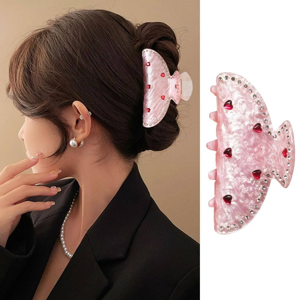 1 Pack Valentine's Day Hair Claw Clips Pink Hair Clips with Red Heart Rhinestone Valentines Hair ... | Amazon (US)