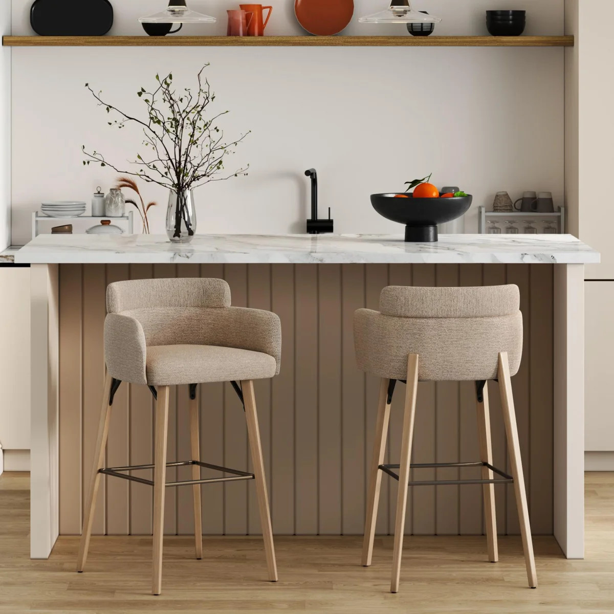 Modern 30" Bar Stool with Upholstered Barrel Back and Solid Wood Legs (Set of 2) | Wayfair North America
