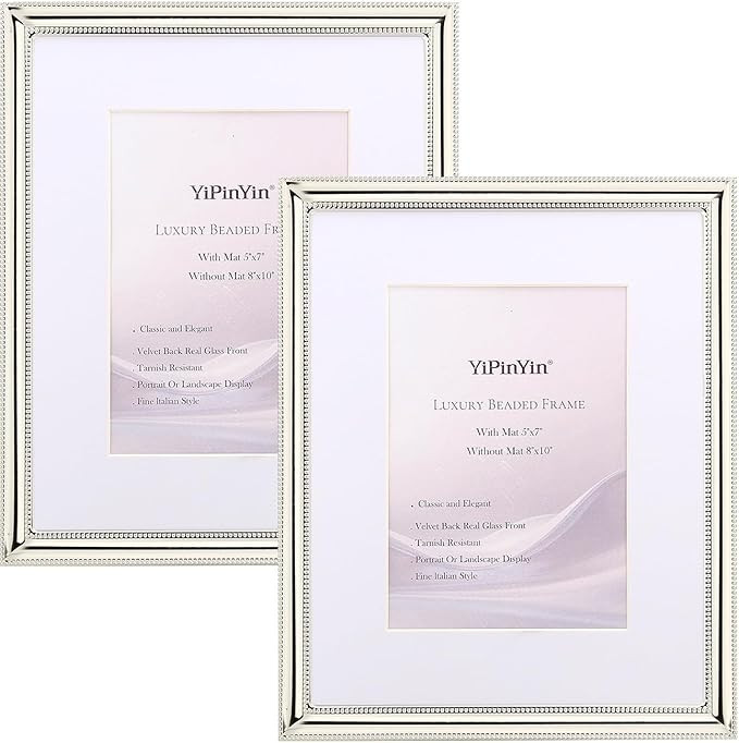 Classy Silver Plated 8x10''Photo Frame 2 pack,Classic Beaded Frame 8x10'' Mat 5x7'',Real glass fr... | Amazon (US)