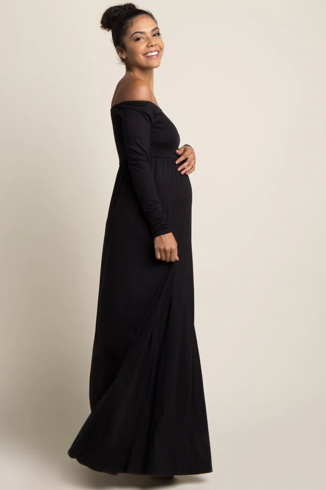 Black Solid Off Shoulder Maternity Maxi Dress | PinkBlush Maternity