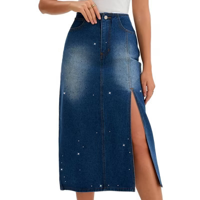 INSPIRE CHIC Women's Denim Casual Side Split A Line Stretchy Pencil High Waist Midi Skirts X-Large Dark Blue | Target