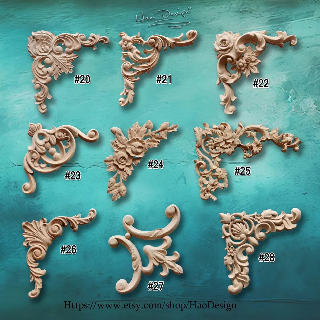 Unpainted Wood Carved Corner Applique Onlay for Wall Molding Decor Wood Onlay Furniture Trim Home... | Etsy (US)