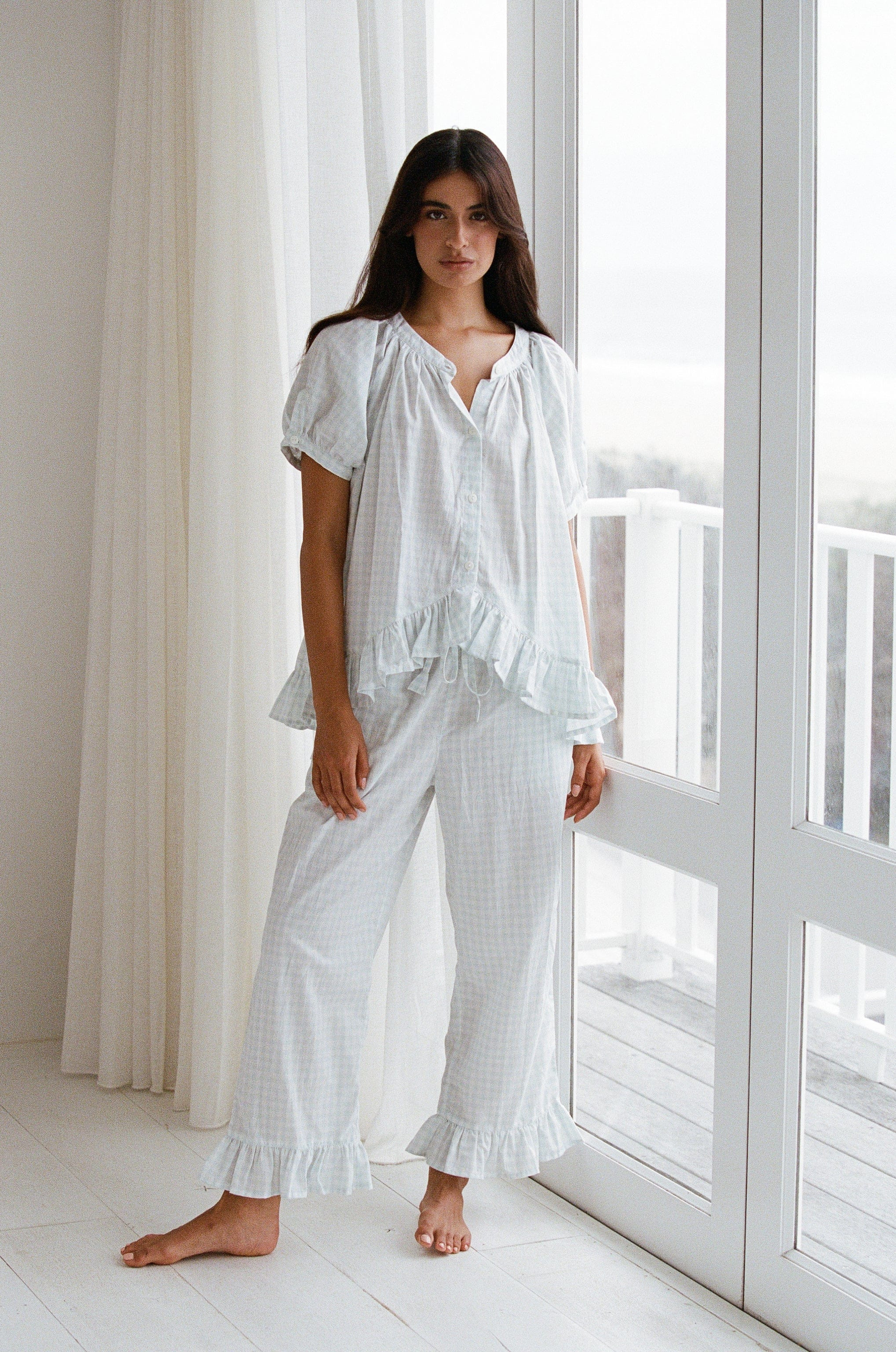 Sophie Sleep Set - Pants - Cotton - Gingham Pale Blue | Piyama US