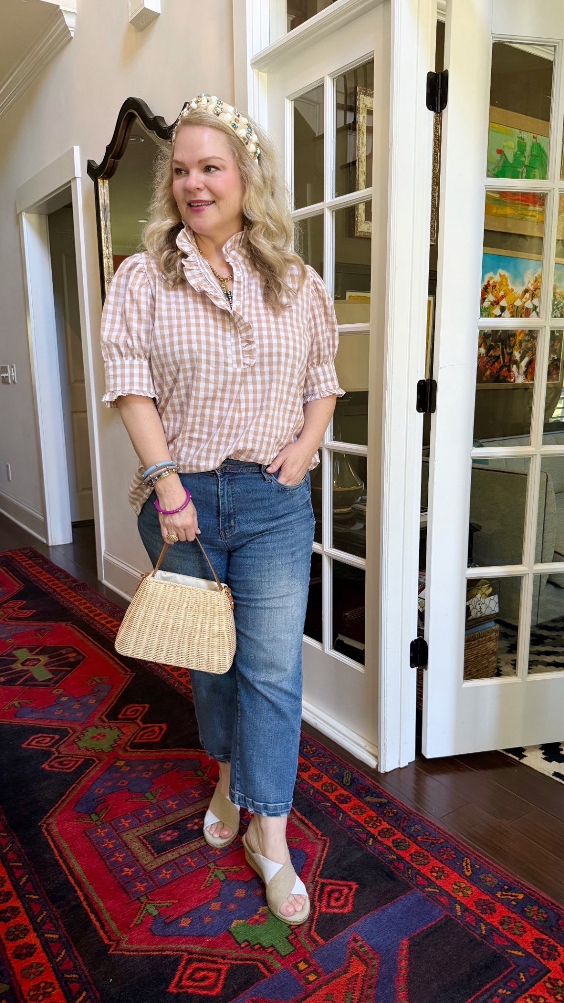 My pretty headband is on major sale right now. Blouse is from TikTok Shop. Rattan bag is from jujuloves.com