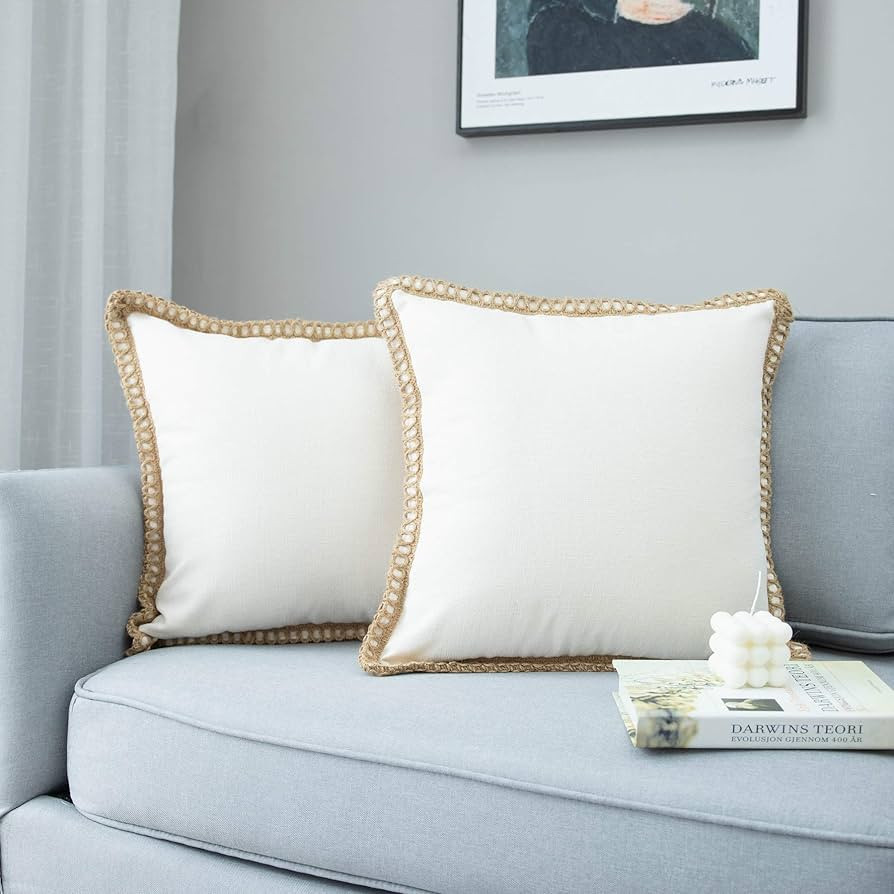 LIGICKY Pack of 2 Farmhouse Decorative Throw Pillow Covers Burlap Linen Trimmed Tailored Edges Sq... | Amazon (US)