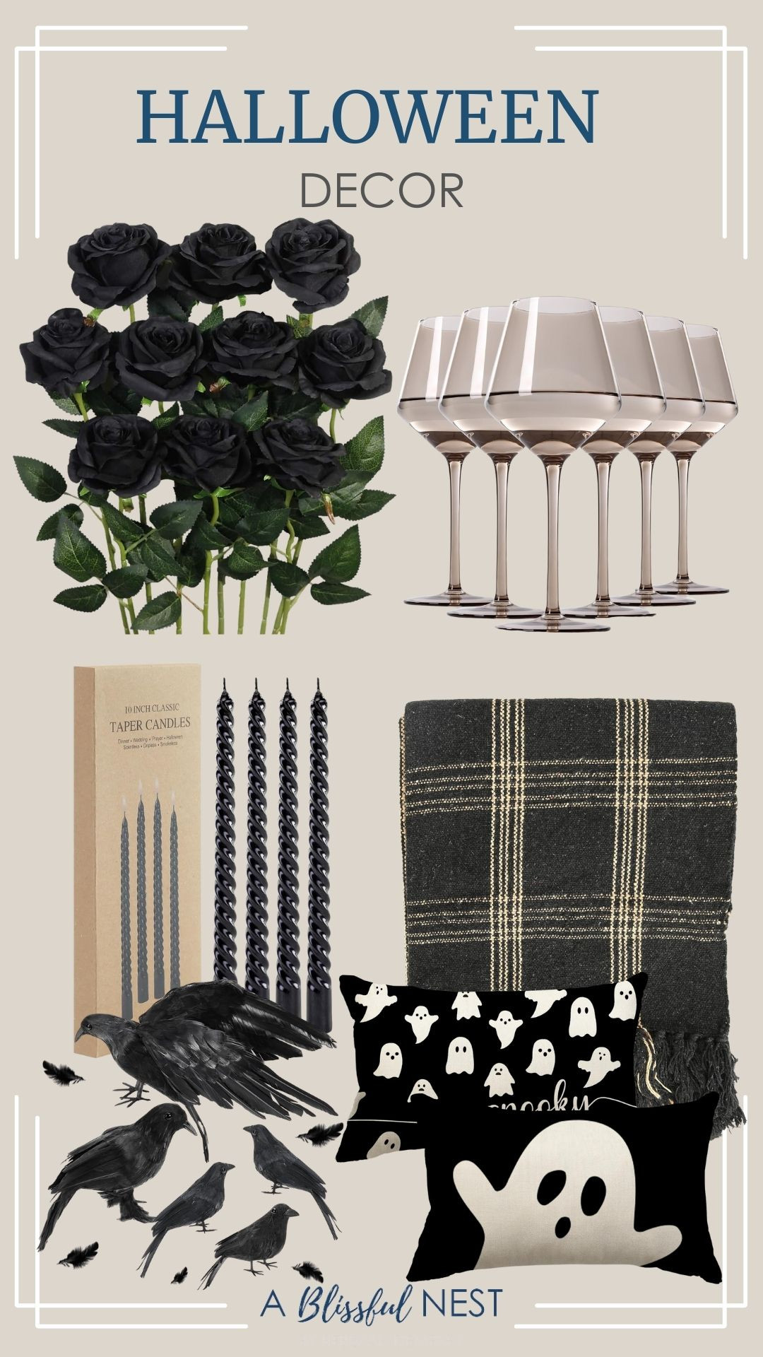 From pumpkins to cozy accents, these Halloween finds are too cute to miss. Tap to shop.

Halloween crow decorations, halloween pillow cover, black taper candles, plaid black and tan fringed throw blanket, smokey grey wine glasses, and artificial black roses. 

 #LTKSeasonal #LTKHome