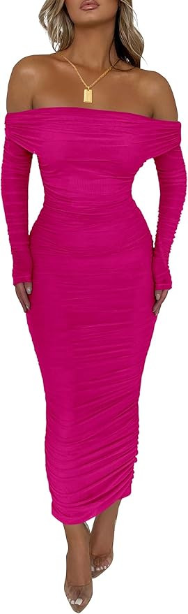 PRETTYGARDEN Women's Fall Off Shoulder Maxi Bodycon Dress Long Sleeve Ruched Fitted Club Dresses ... | Amazon (US)