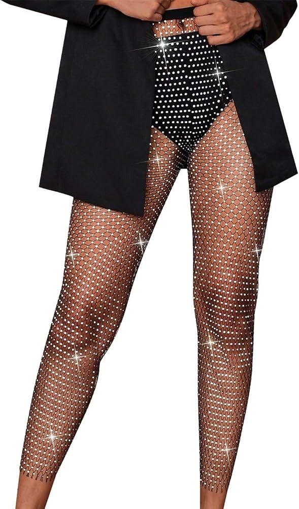 Yokawe Mesh Pants Sparkly Rhinestone Fishnet See Through Leggings Crystal Bottoms Nightclub Rave ... | Amazon (US)