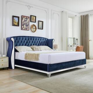 Lara Navy Blue Velvet Upholstered Wood Frame Queen Size Platform Bed with Tufted Wingback Headboard, Nailhead Trim | The Home Depot