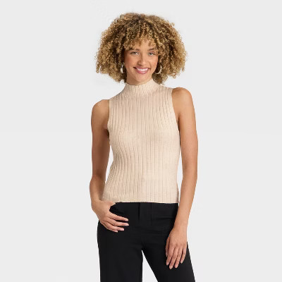 Women's Mock Neck Ribbed Sweater Tank - A New Day™ Oatmeal XL | Target