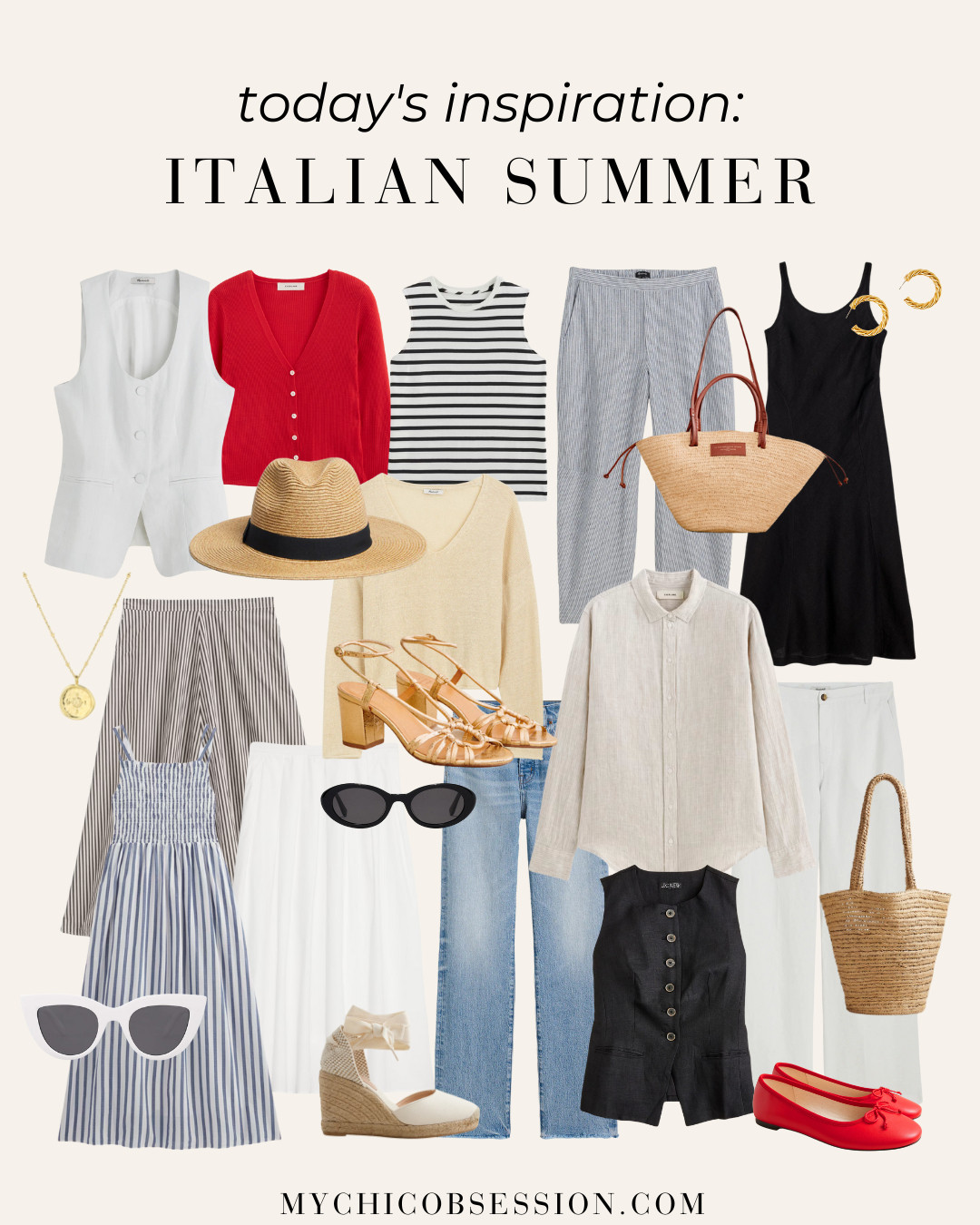 Get the Italian summer aesthetic with breezy linens, textured fabrics, straw accessories, and bright pops of color! Whether you have a trip to Europe planned this summer or not, you can use this inspiration to inspire your summer outfits. 

 #LTKSeasonal #LTKStyleTip #LTKShoeCrush