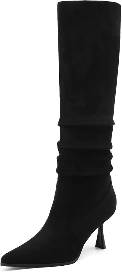 Womens Knee High Boots Suede Slouchy High Heel Boots for Women Pointed Toe Tall Boots Comfort Pul... | Amazon (US)