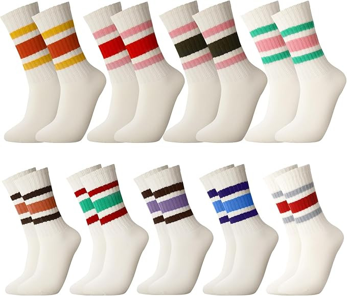 9 Pairs Womens Striped Crew Socks Retro Athltic Socks Casual Cotton Stretchy Novelty Ankle Socks ... | Amazon (US)
