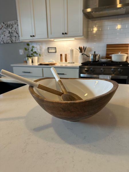 The best wood and white salad bowl! Love the tongs too  

#LTKHome #LTKStyleTip #LTKFindsUnder100