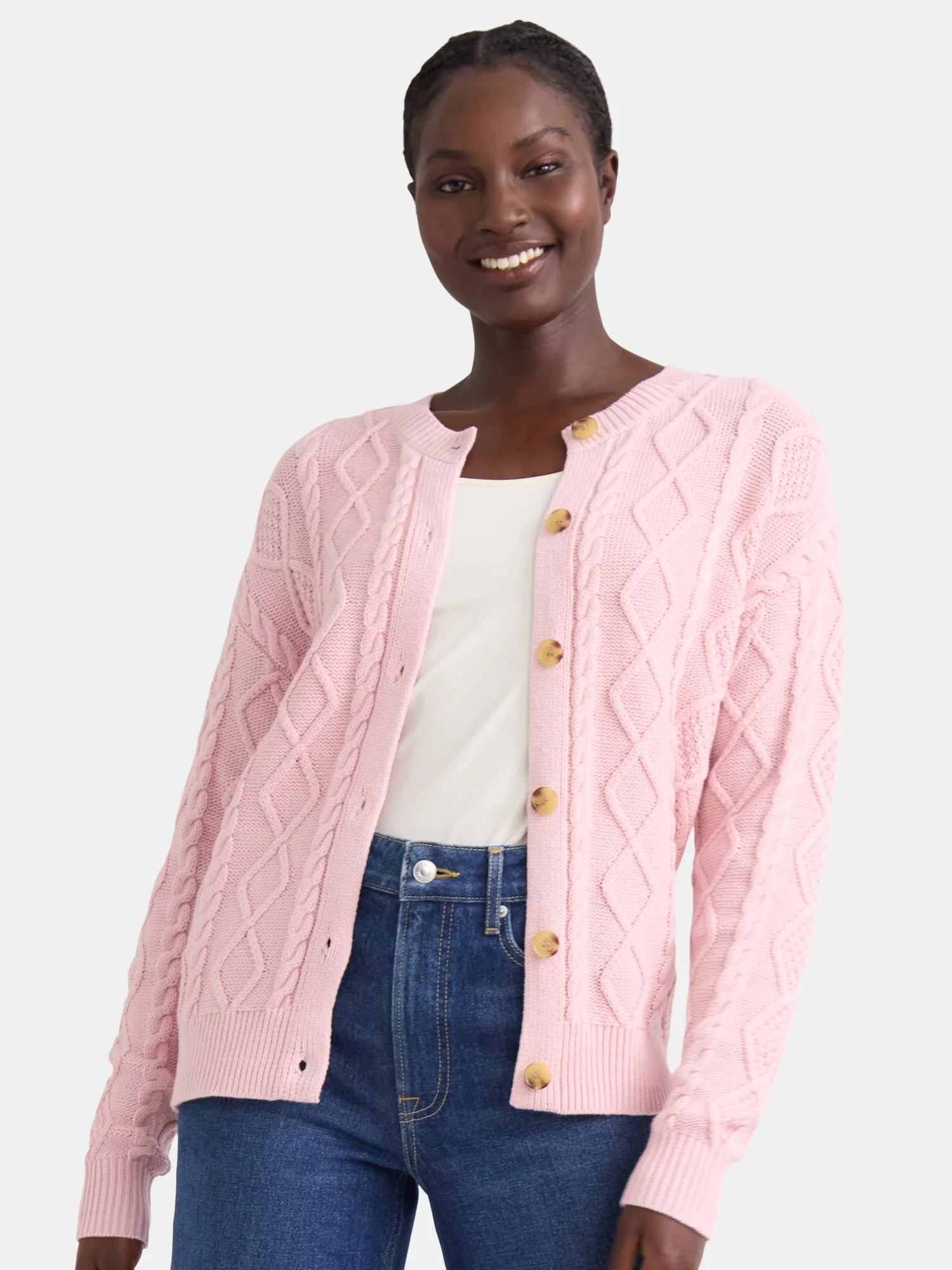 Time and Tru Women's Cable Knit Cardigan Sweater, Midweight, Sizes XS-XXXL - Walmart.com | Walmart (US)