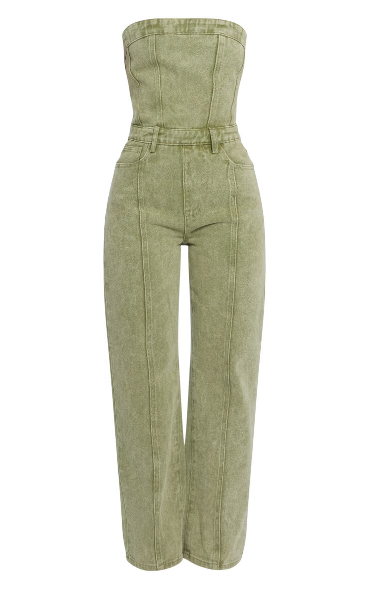 Petite Washed Khaki Bandeau Denim Jumpsuit | PrettyLittleThing UK