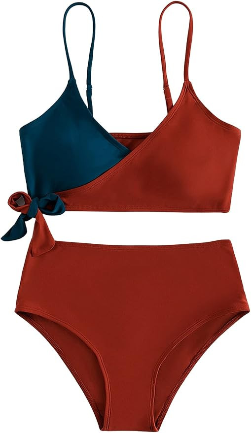 SweatyRocks Women's Two Pieces Swimsuit Solid Color Tie Side Top High Waisted Bikini Set | Amazon (US)