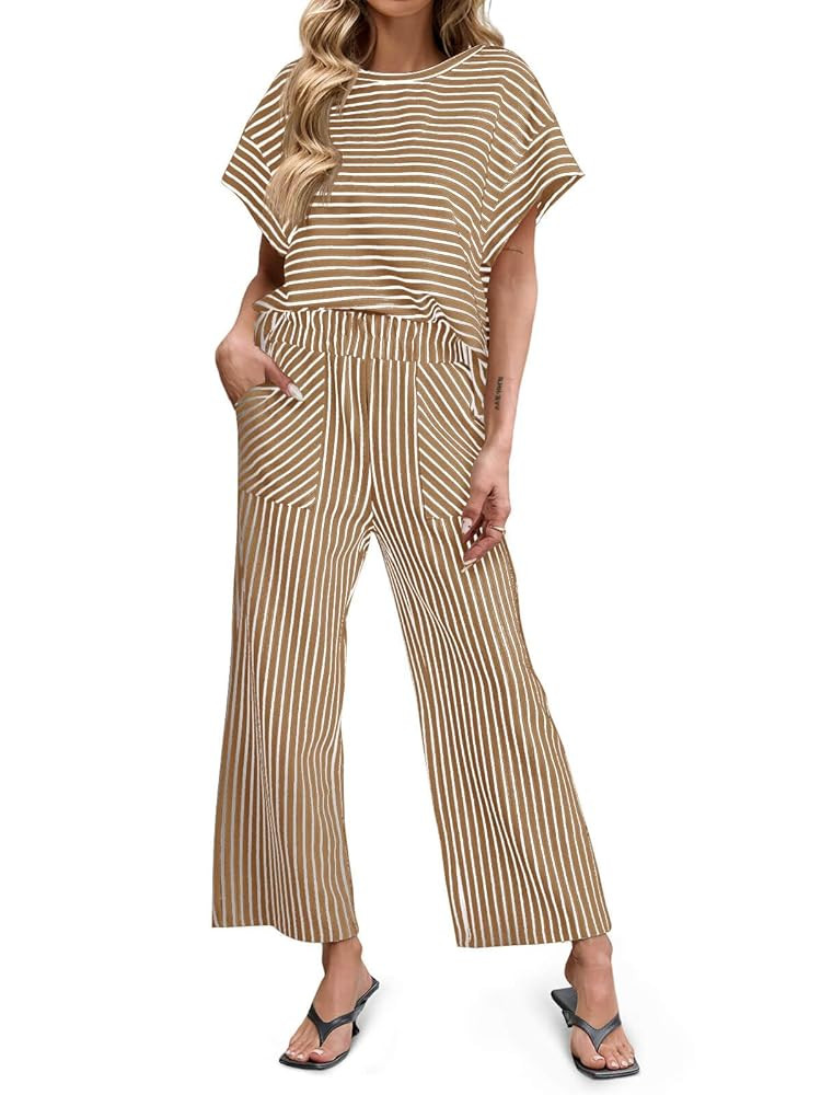 Tankaneo Womens Striped 2 Piece Sets Short Sleeve T Shirts Wide Leg Pants Matching Lounge Set wit... | Amazon (US)