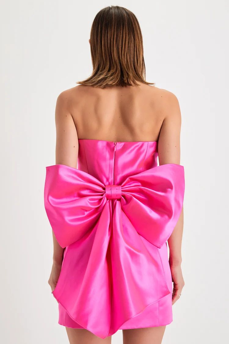 Soiree Hour Hot Pink Satin Strapless Bow Mini Dress | Lulus