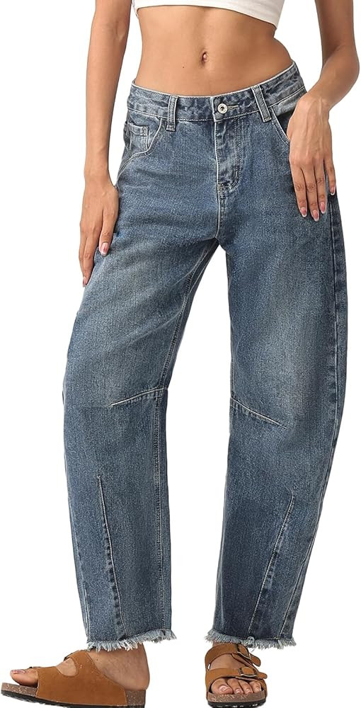 HOTIAN Womens Barrel Jeans Wide Leg Mid Waist Horseshoe Jeans Y2k Baggy Denim Pants with Pockets | Amazon (US)