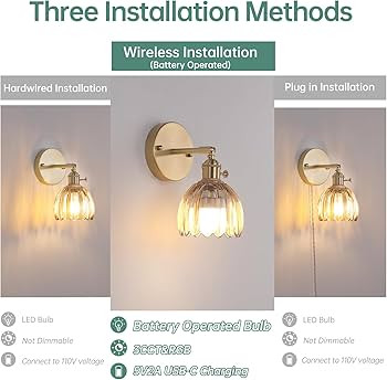 Shenmoyl Vintage Battery Operated Wall Sconce with Amber Tulip Glass Lampshade Rechargeable Batte... | Amazon (US)