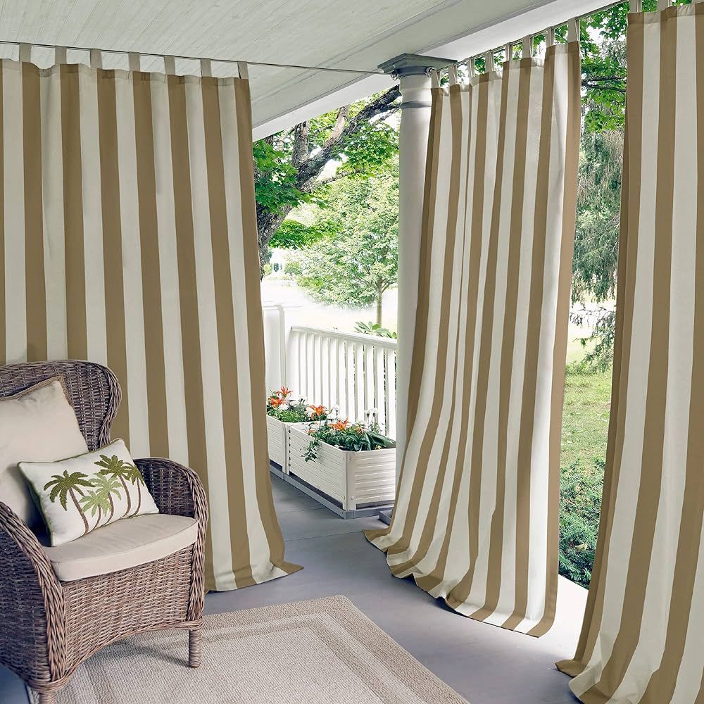 Elrene Home Fashions Highland Stripe Indoor/Outdoor Curtain Panel, 50 inches X 108 inches, Natura... | Amazon (US)