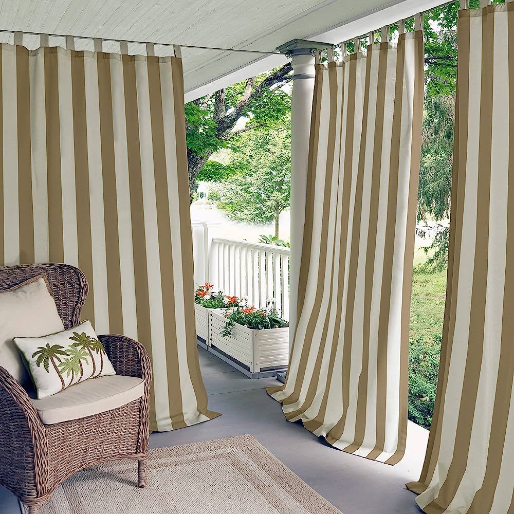 Elrene Home Fashions Highland Stripe Indoor/Outdoor Curtain Panel, 50 inches X 108 inches, Natura... | Amazon (US)