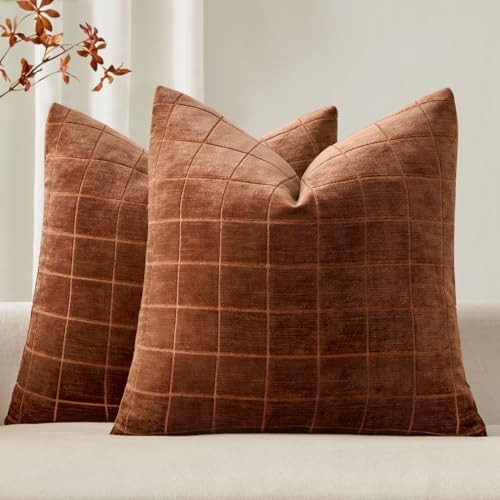 MIULEE Decorative Chenille Check Throw Pillow Covers Vintage Plaid Couch Pillows 20x20 Inch Set of 2 Neutral Boho Farmhouse Cushion Covers Modern Home Decor for Sofa Bed Living Room Burnt Orange | Amazon (US)
