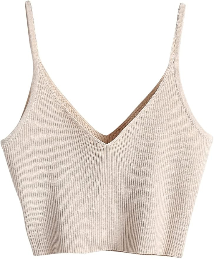 SweatyRocks Women's V Neck Crop Cami Top Ribbed Knit Spaghetti Strap Sleeveless Vest | Amazon (US)