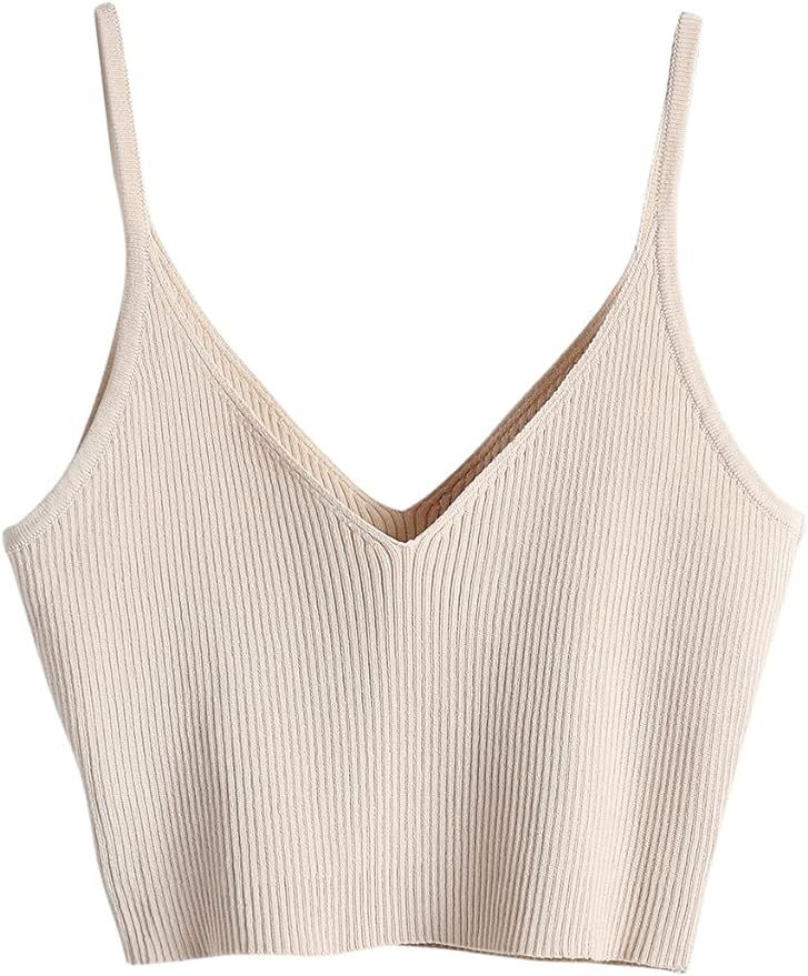 SweatyRocks Women's V Neck Crop Cami Top Ribbed Knit Spaghetti Strap Sleeveless Vest | Amazon (US)