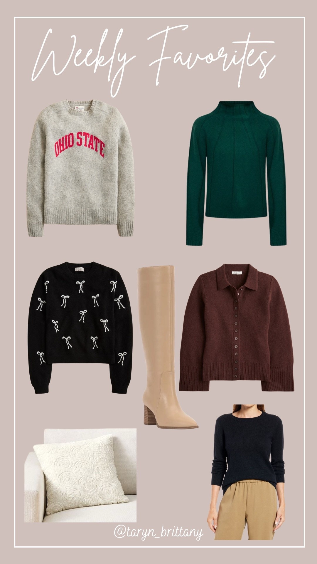 Weekly favorites ❤️

Ohio state sweater 
Green sweater 
Cashmere bow sweater 
Brown sweater 
Knee high boots 
Flower organza pillow cover 
Cashmere sweater 

#LTKCyberWeek #LTKSeasonal #LTKSaleAlert