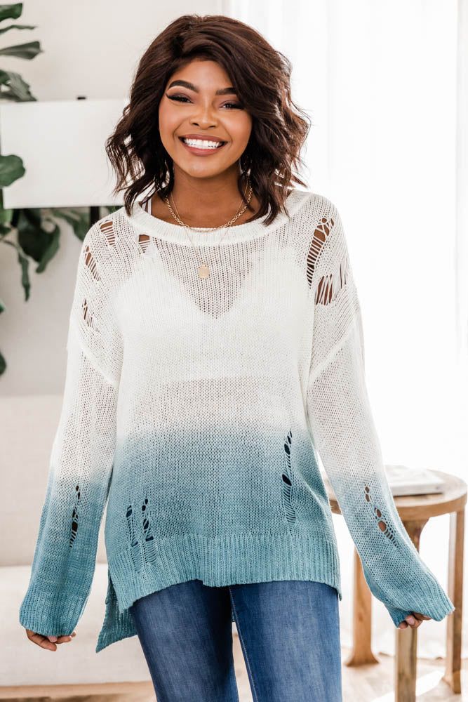 Window Of Opportunity Ombre Distressed Blue Sweater FINAL SALE | The Pink Lily Boutique