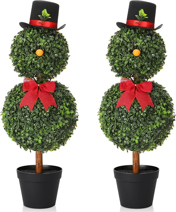 Yunlly 2 Pack Christmas Snowman Topiary 30'' Artificial Snowman Shaped Topiary Tree Pot with Red ... | Amazon (US)