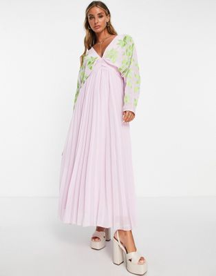 ASOS DESIGN batwing pleated maxi dress in lilac with green embroidery | ASOS (Global)