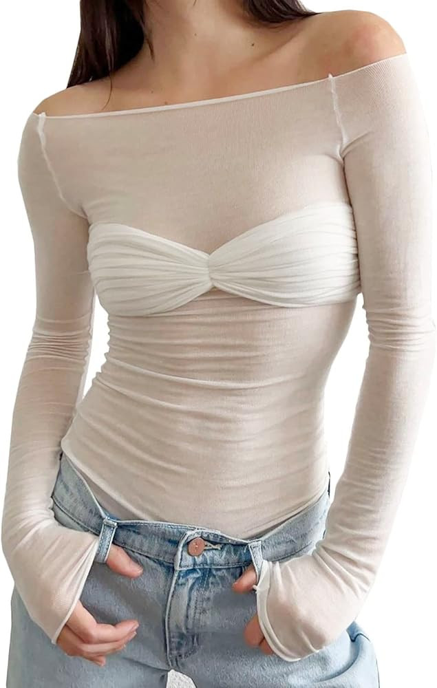Womens Sexy Off Shoulder Long Sleeve Crop Top Slim Fitted Mesh Solid Tops Blouse Y2K Summer T-Shi... | Amazon (US)