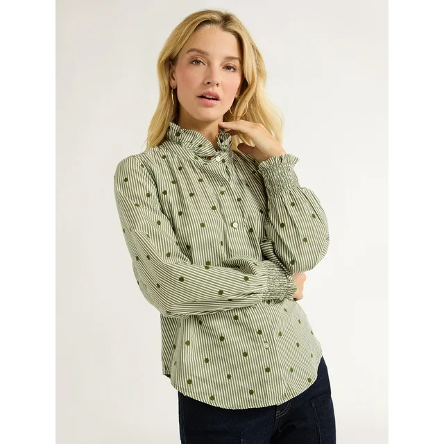 Free Assembly Long Sleeve Ruff Neck Blouse, Sizes XS-XXL | Walmart (US)