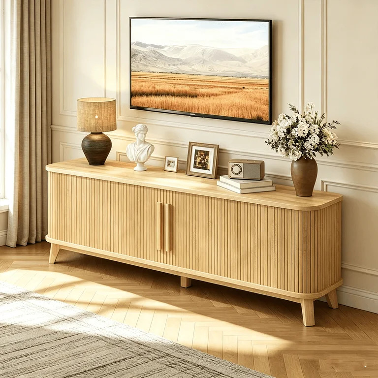 Winkalon 66" Fluted TV Stand for 80" TV, Mid-Century Wood Entertainment Center with Storage Cabin... | Walmart (US)