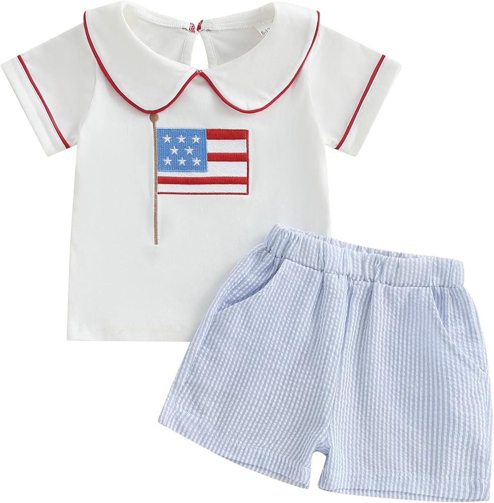 Rtnnsbbfcm Toddler Baby Boy 4th Of July Outfit Short Sleeve Peter Pan Collar American Flag Embroi... | Amazon (US)