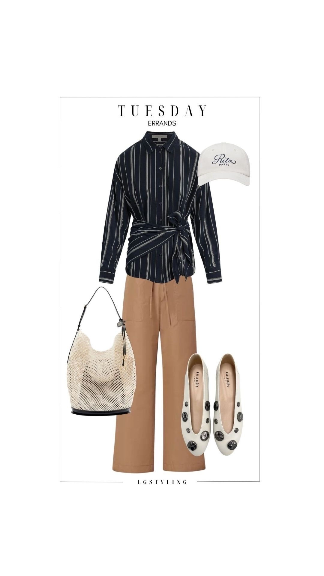 Tuesday — Errands

Errand dressing, but make it intentional. Wide-leg trousers + a striped button-down get an easy update with a baseball cap, embellished flats and textured tote. Comfortable enough for running around, styled enough for wherever the day takes you. #EverydayStyle #CasualChic #OutfitIdeas #WhatToWear