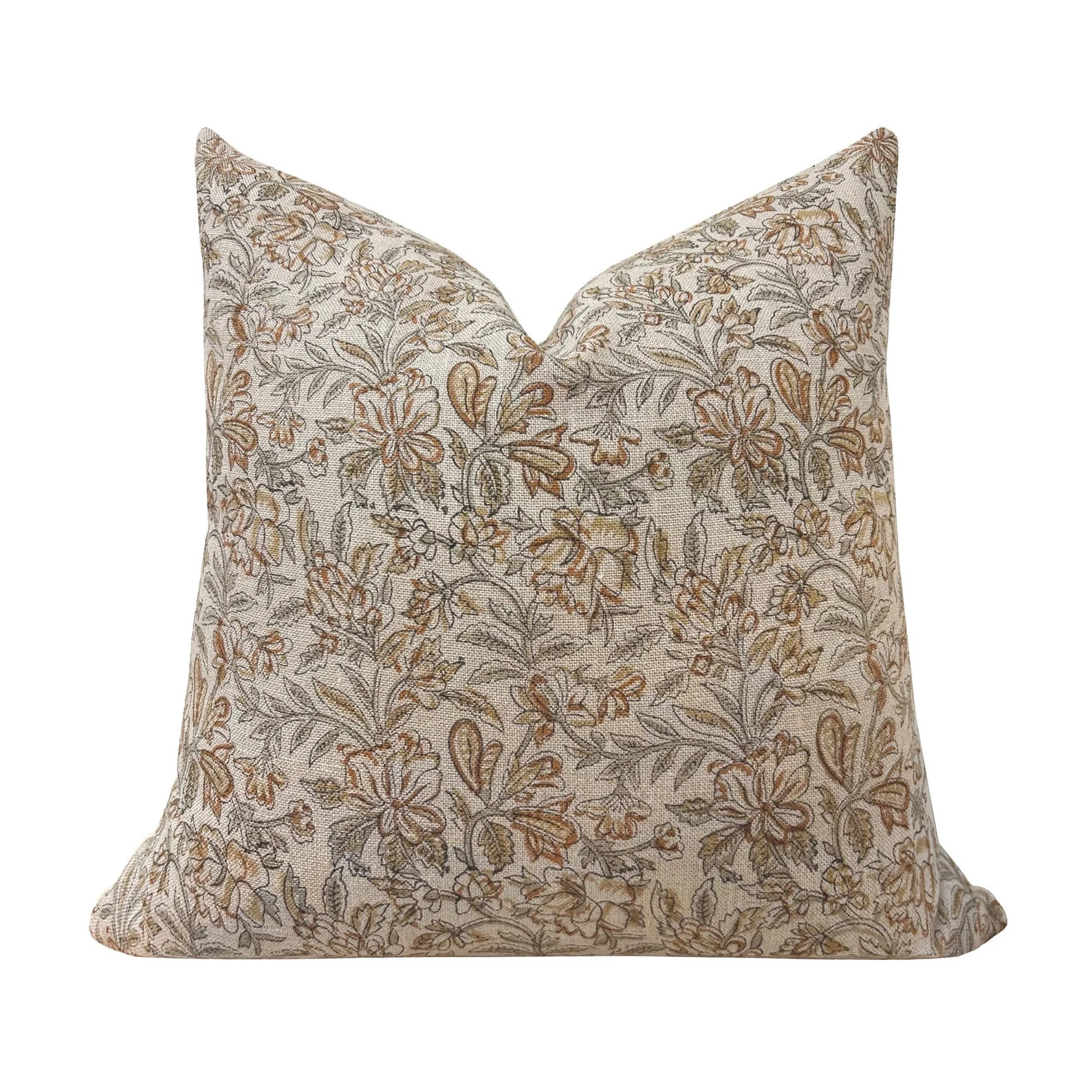 LORELIA Designer Floral Linen Pillow Cover, Green and Rust Floral, Block Print Pillow, Neutral Pi... | Etsy (US)