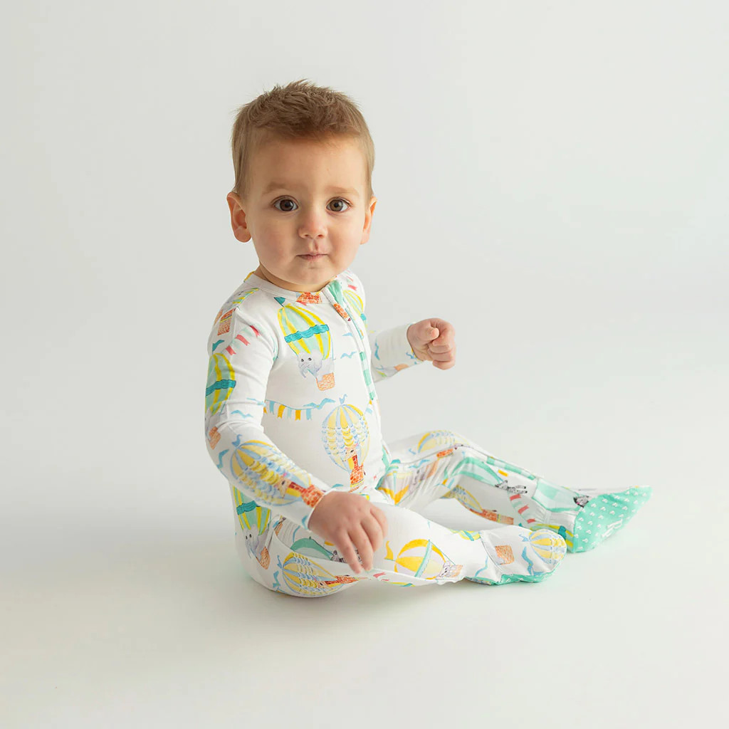 Hot Air Balloon Green One Piece Baby Footie Pajamas | Balloon Wonder | Posh Peanut