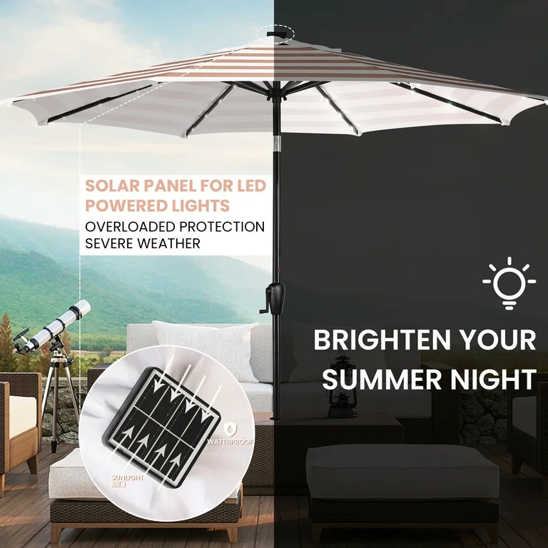 Sun-Ray 9 FT 32 LED Patio Solar Umbrella w/ Push Button Tilt and Crank Outdoor Umbrella, 8 Sturdy... | Walmart (US)