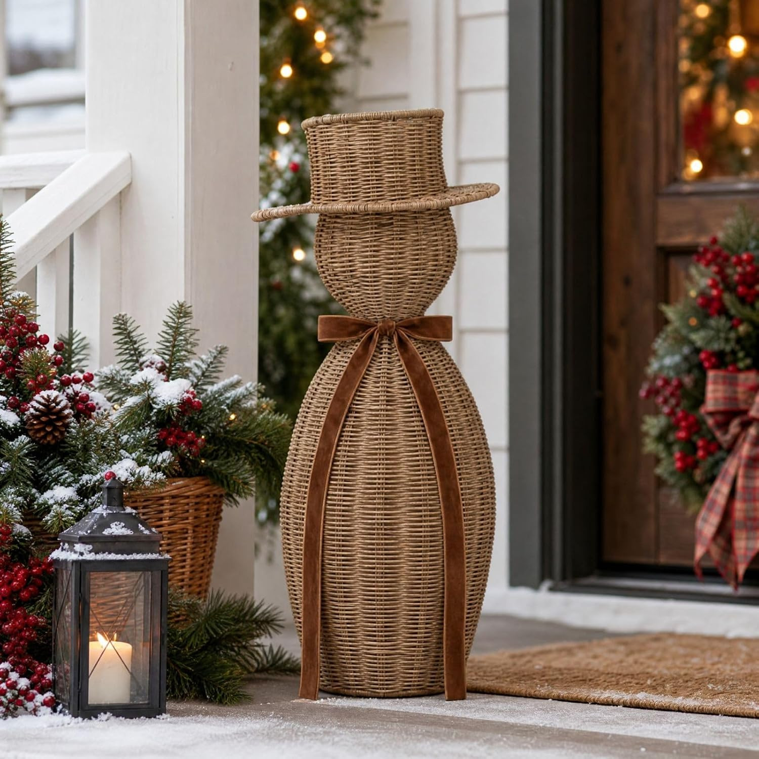 Faux Rattan Snowman with Bow, Resin Christmas Rattan Snowman Decor | Amazon (US)