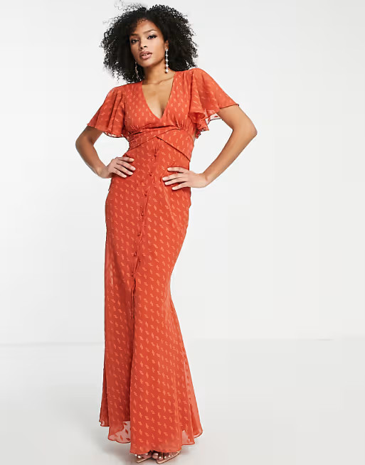 ASOS DESIGN maxi tea dress in jaquard in rust | ASOS (Global)