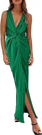 PRETTYGARDEN Women's Satin Ruched Bodycon Dress Summer 2024 Twist Front V Neck Sleeveless Split M... | Amazon (US)