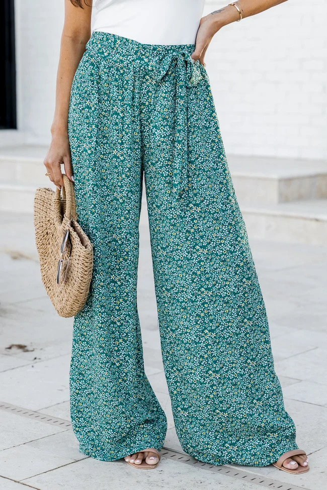 Unwinding In Paradise Green Self Tie Belted Floral Pants | Pink Lily