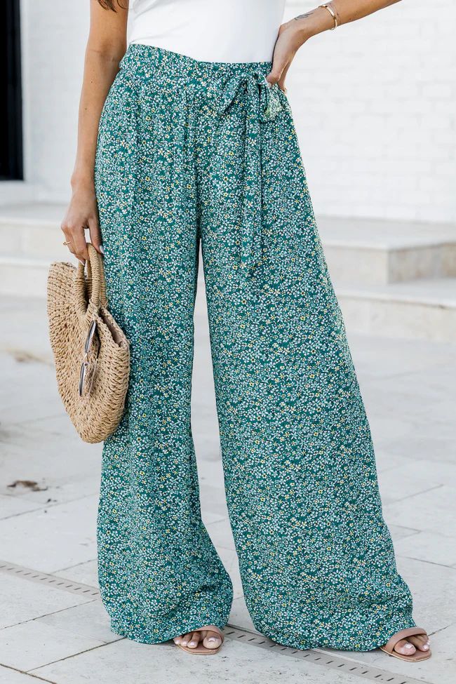 Unwinding In Paradise Green Self Tie Belted Floral Pants | Pink Lily