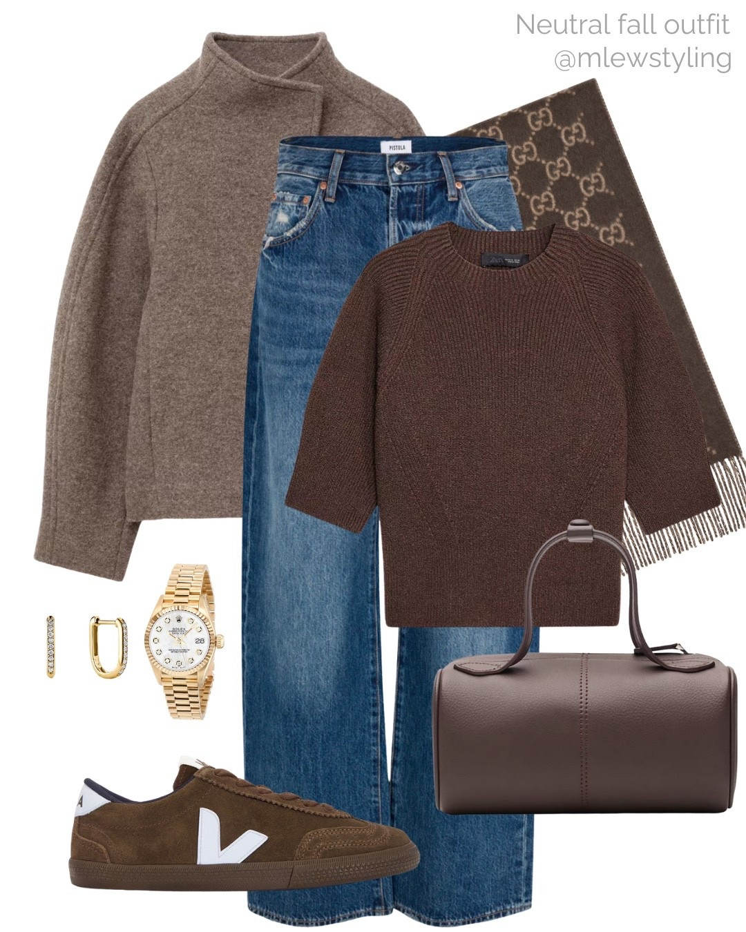 Neutral autumn outfit with a wool jacket and sweater tee 🤎🐻

Tags: other stores fall cost,
Gucci scarf, brown shirt sleeved sweater, pistola denim, wide leg jeans, suede beja sneakers, freja ny brown handbag, fall outfit, weekend look 

#LTKItBag #LTKShoeCrush #LTKStyleTip